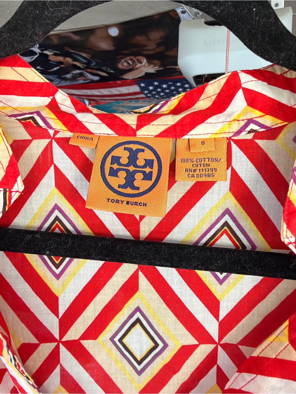 Tory Burch Women Red Geometric Cotton Top with Cream, Yellow & Purple Accents